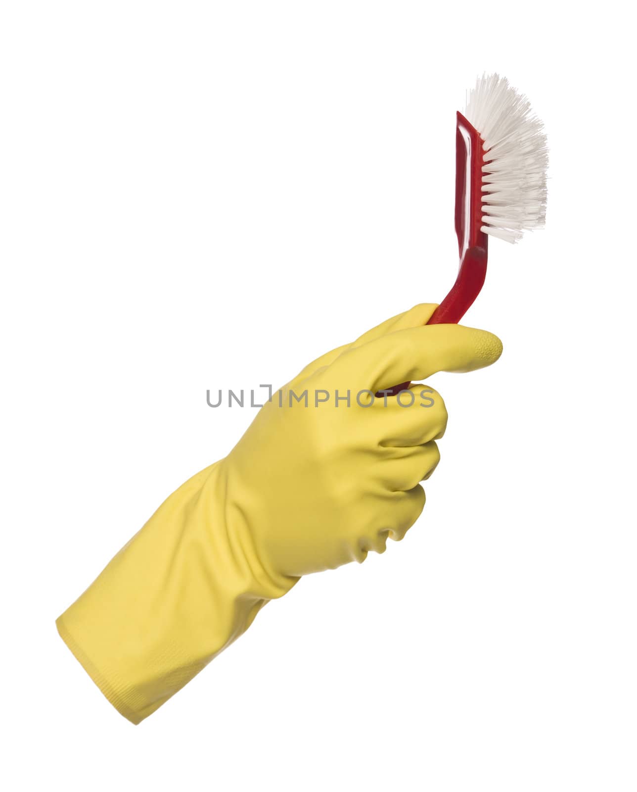 Yellow protection glove holding a dishbrush