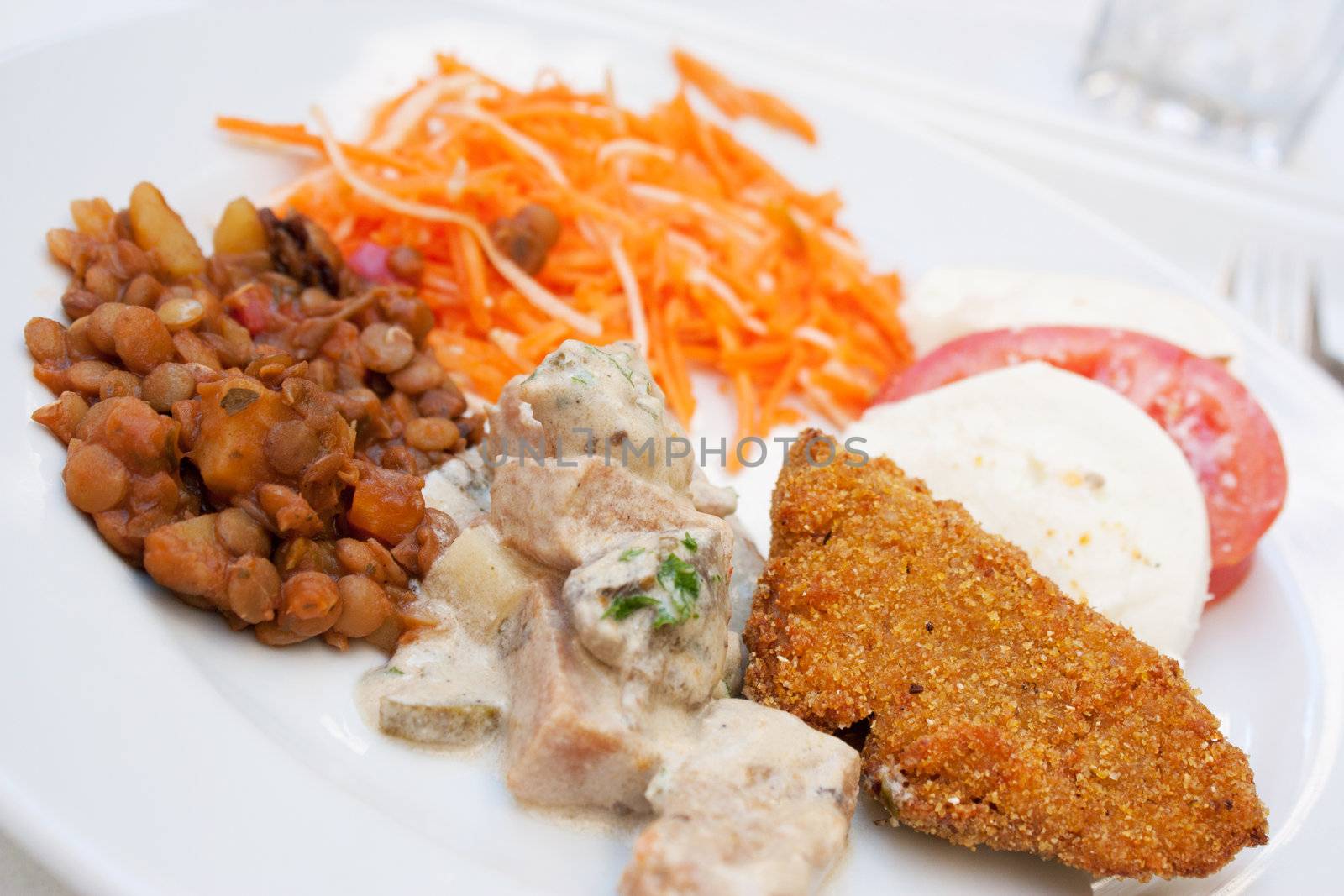 A healthy vegetarian dish, breaded soya and other vegetables