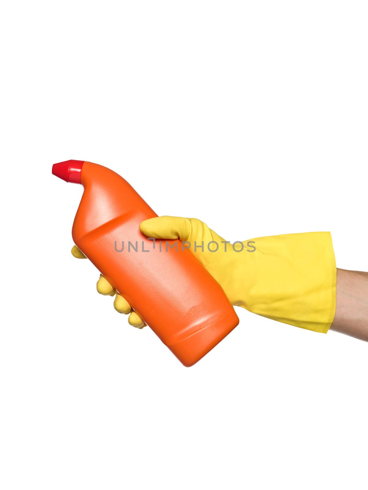 Hand with a Protection Glove holding a Spray Bottle