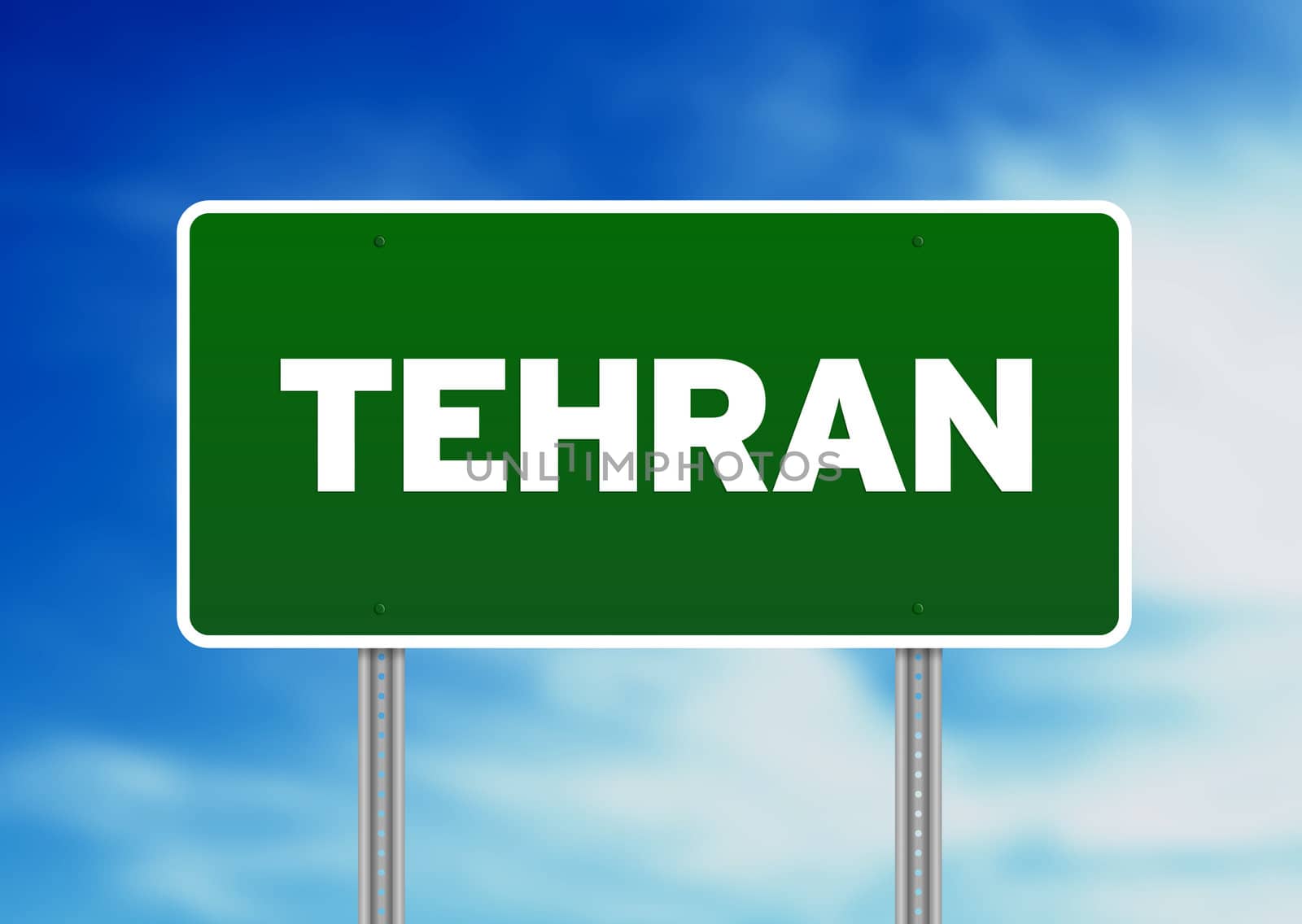 Green Tehran highway sign on Cloud Background. 