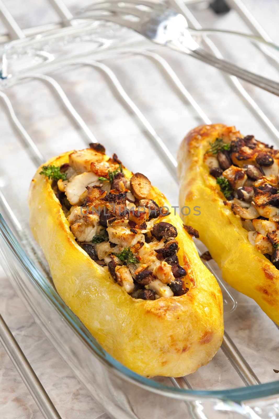 chicken meat with black beans baked in potatoes