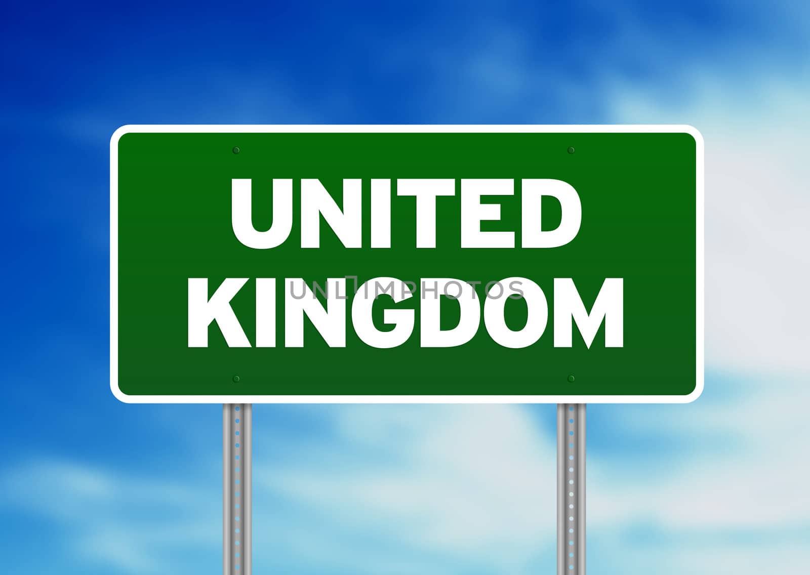 Green United Kingdom highway sign on Cloud Background. 