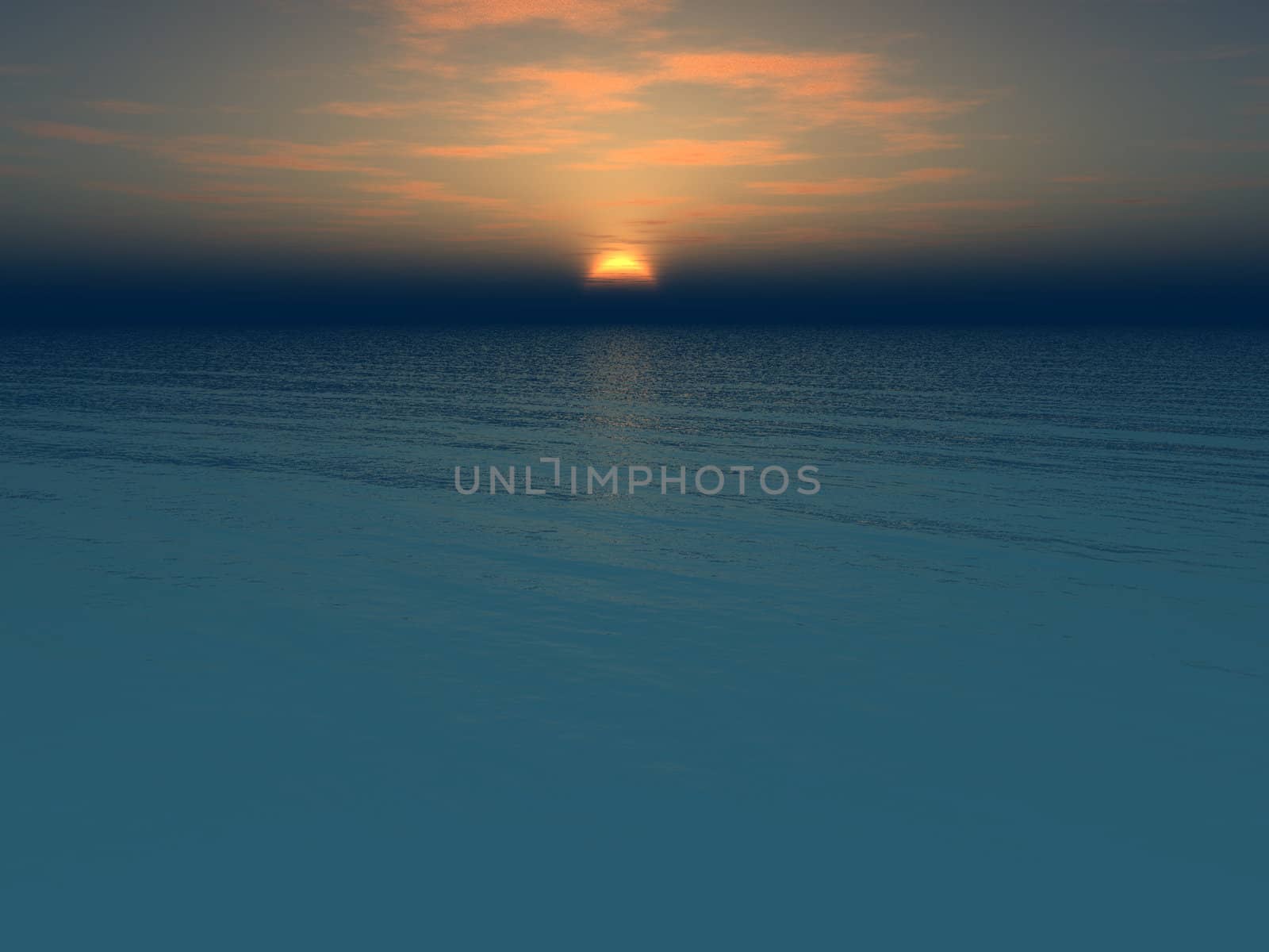 The sun setting in an ocean landscape.