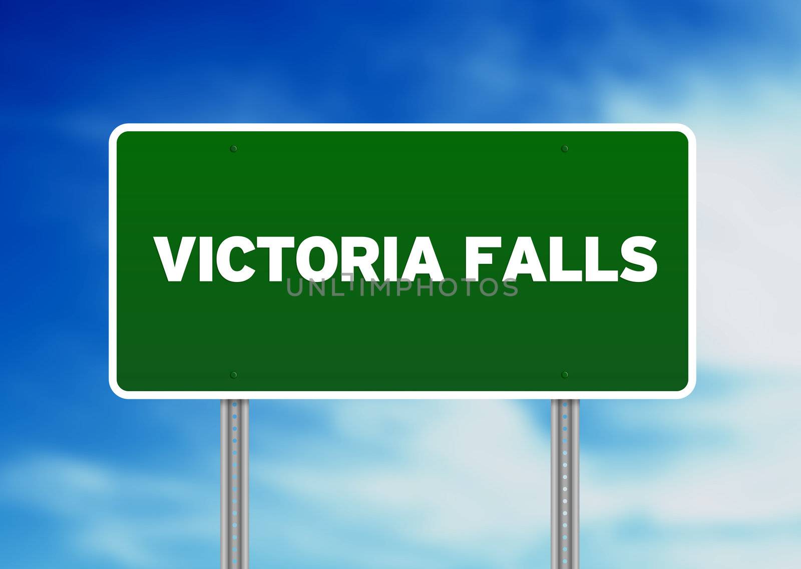 Green Victoria Falls highway sign on Cloud Background. 