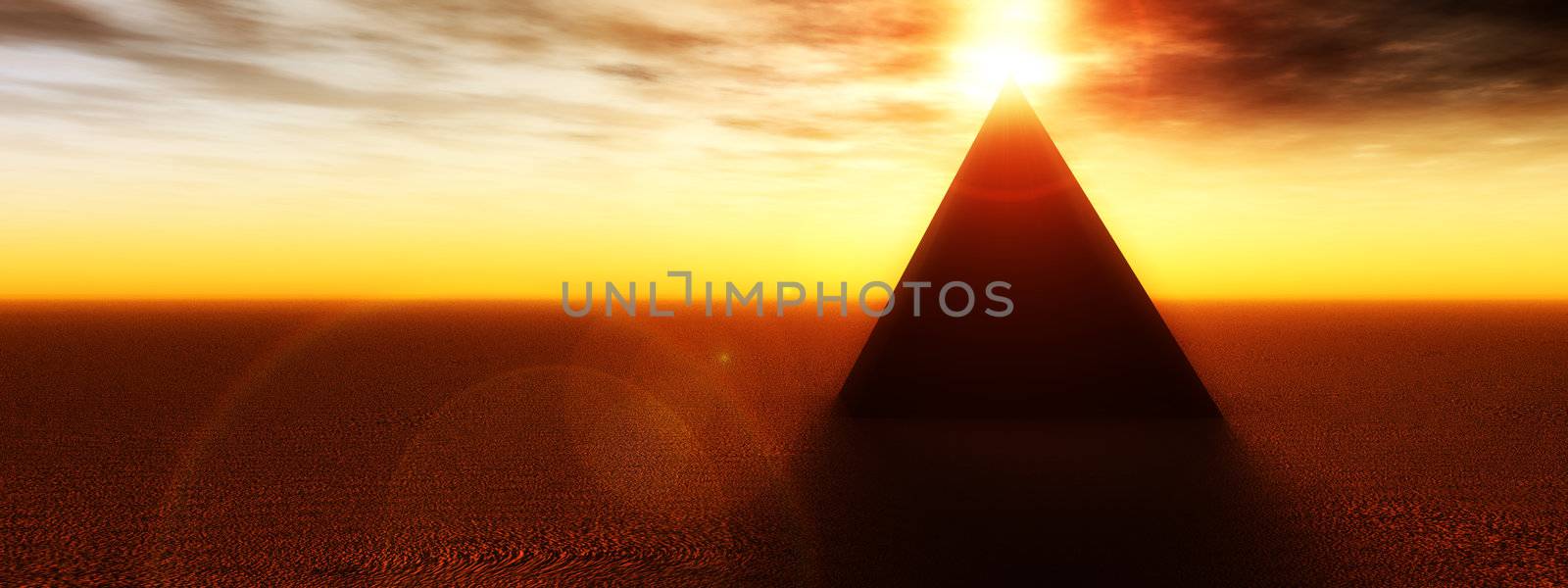 An ancient pyramid in a desert landscape.