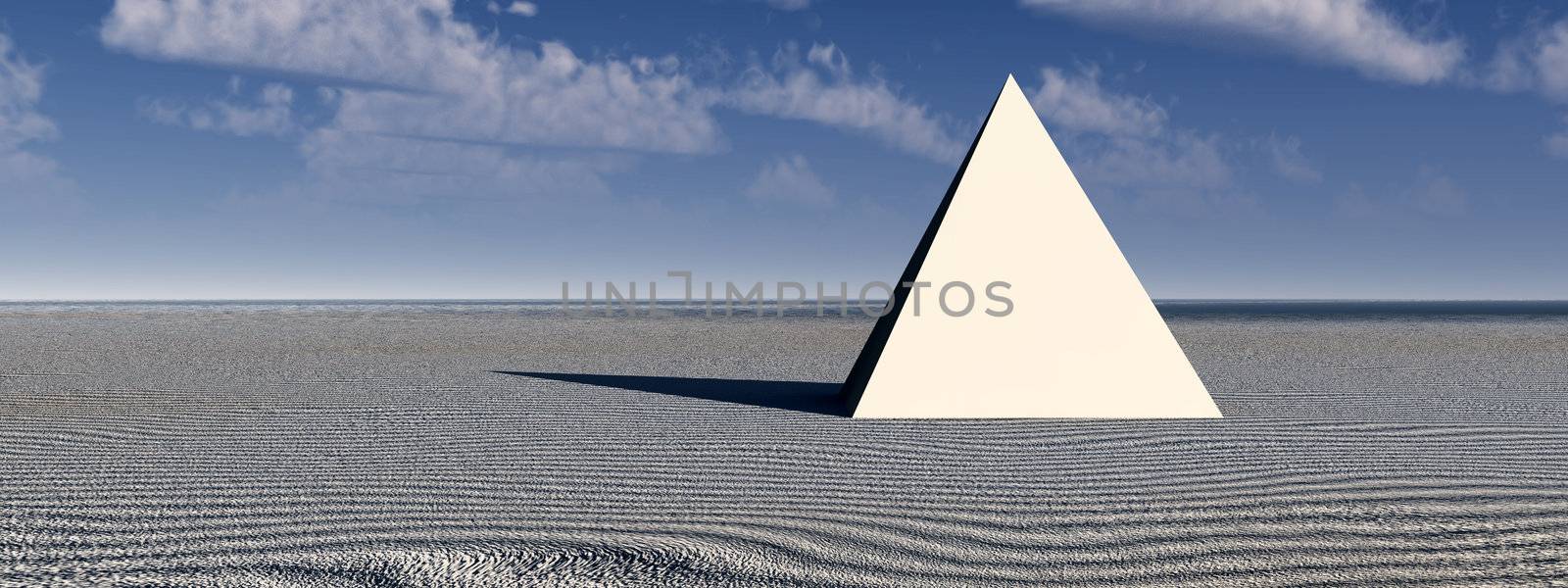 An ancient pyramid in a desert landscape.  