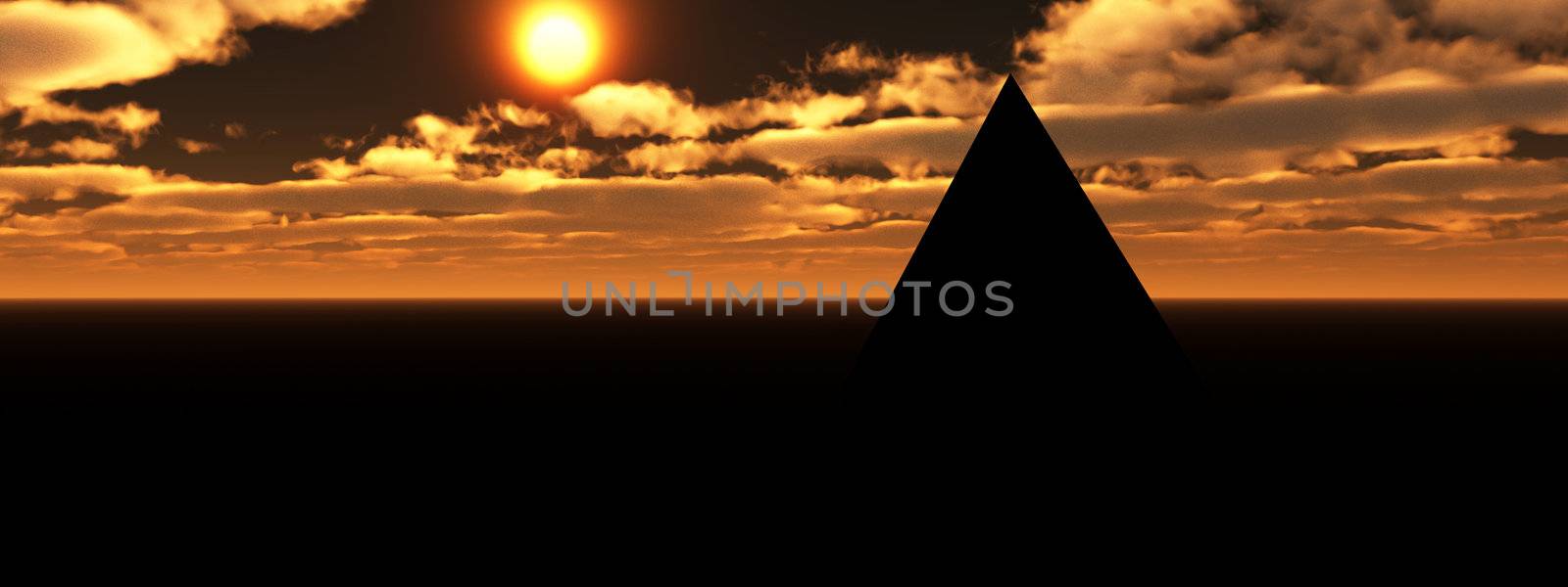 An ancient pyramid in a desert landscape.  