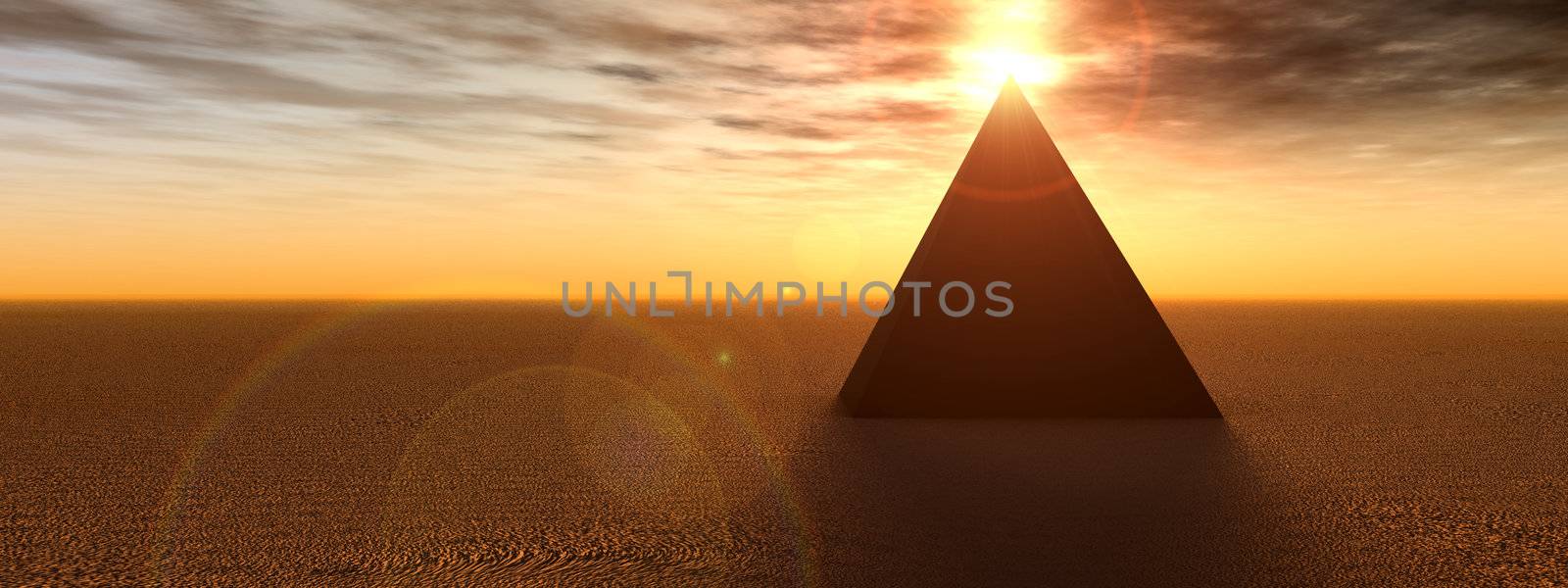 An ancient pyramid in a desert landscape.  
