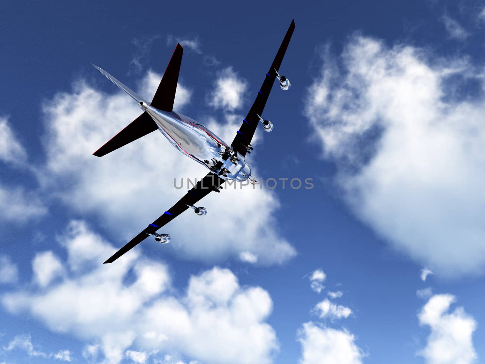 A passenger plane flying high in the sky.