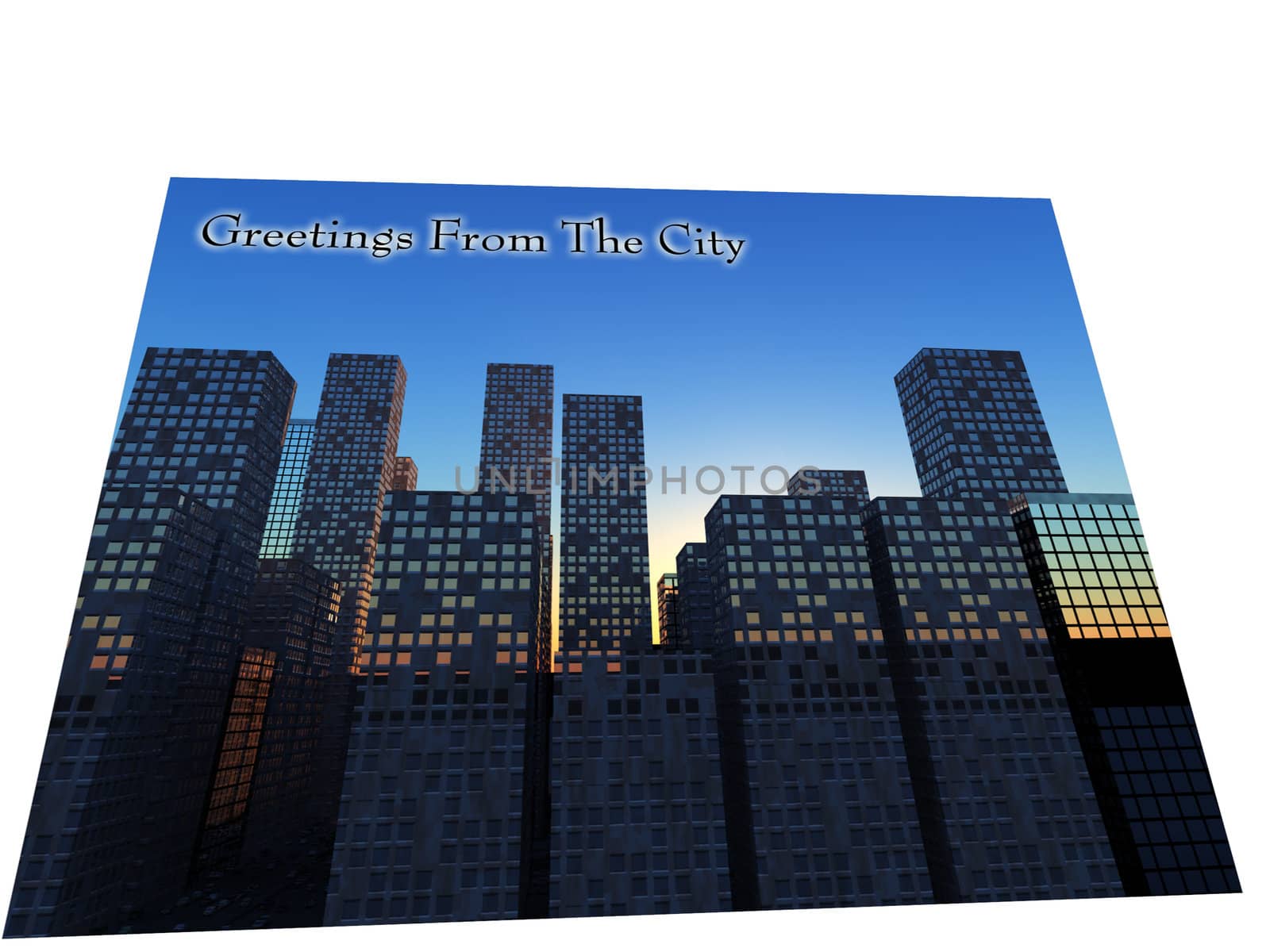 A postcard with a modern cityscape.
