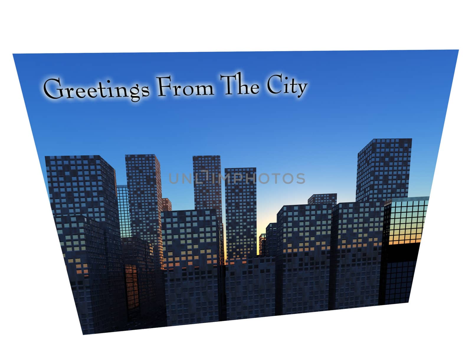 A postcard with a modern cityscape.