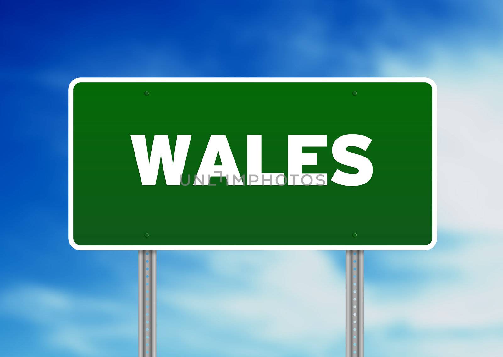 Green Wales highway sign on Cloud Background. 