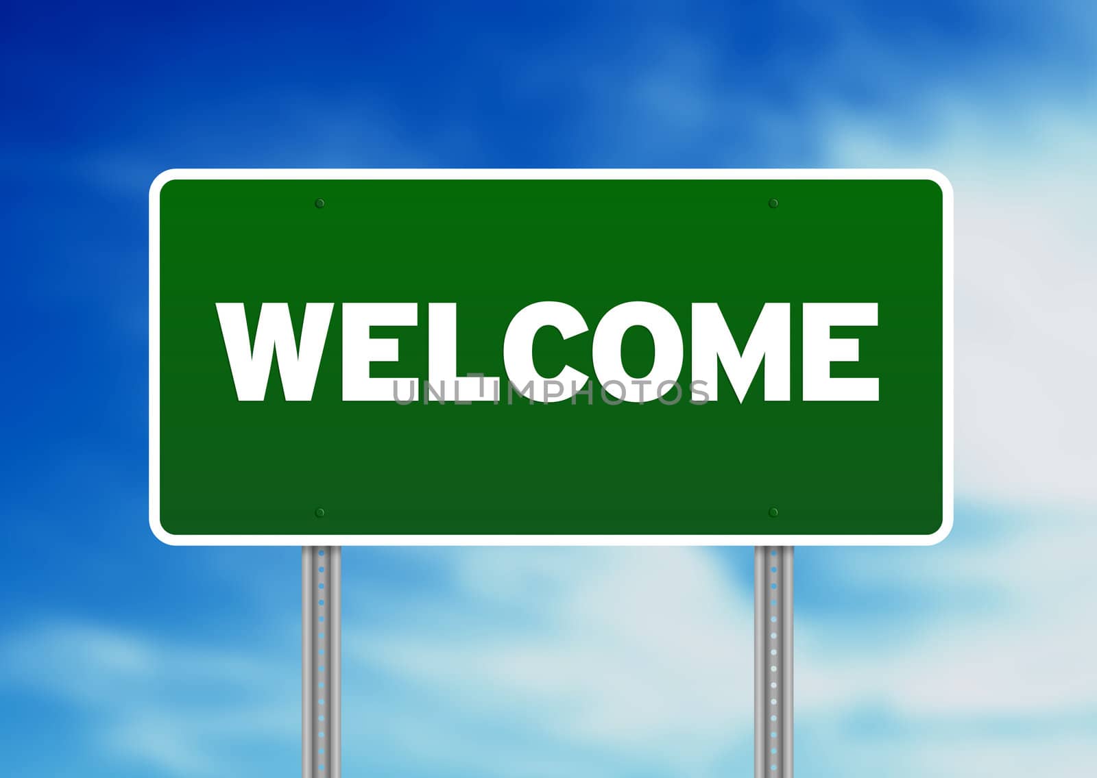Green welcome highway sign on cloud background. 
