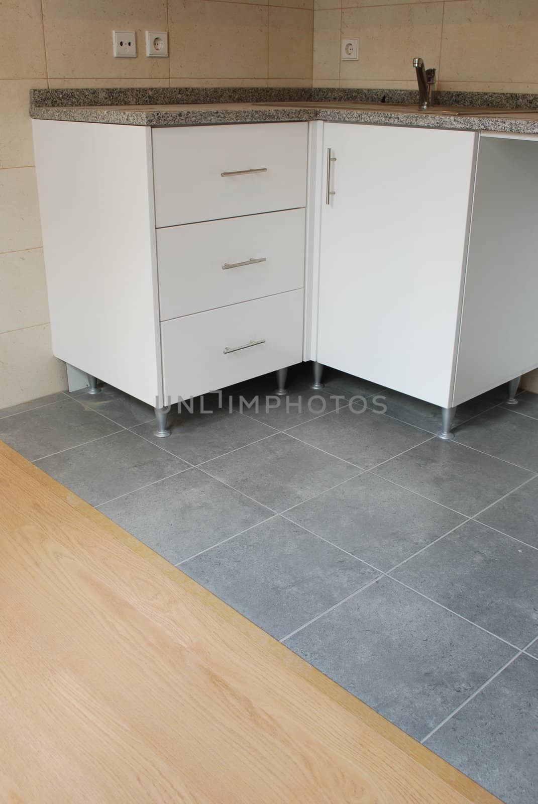 modern and small kitchen in white (wooden floor)