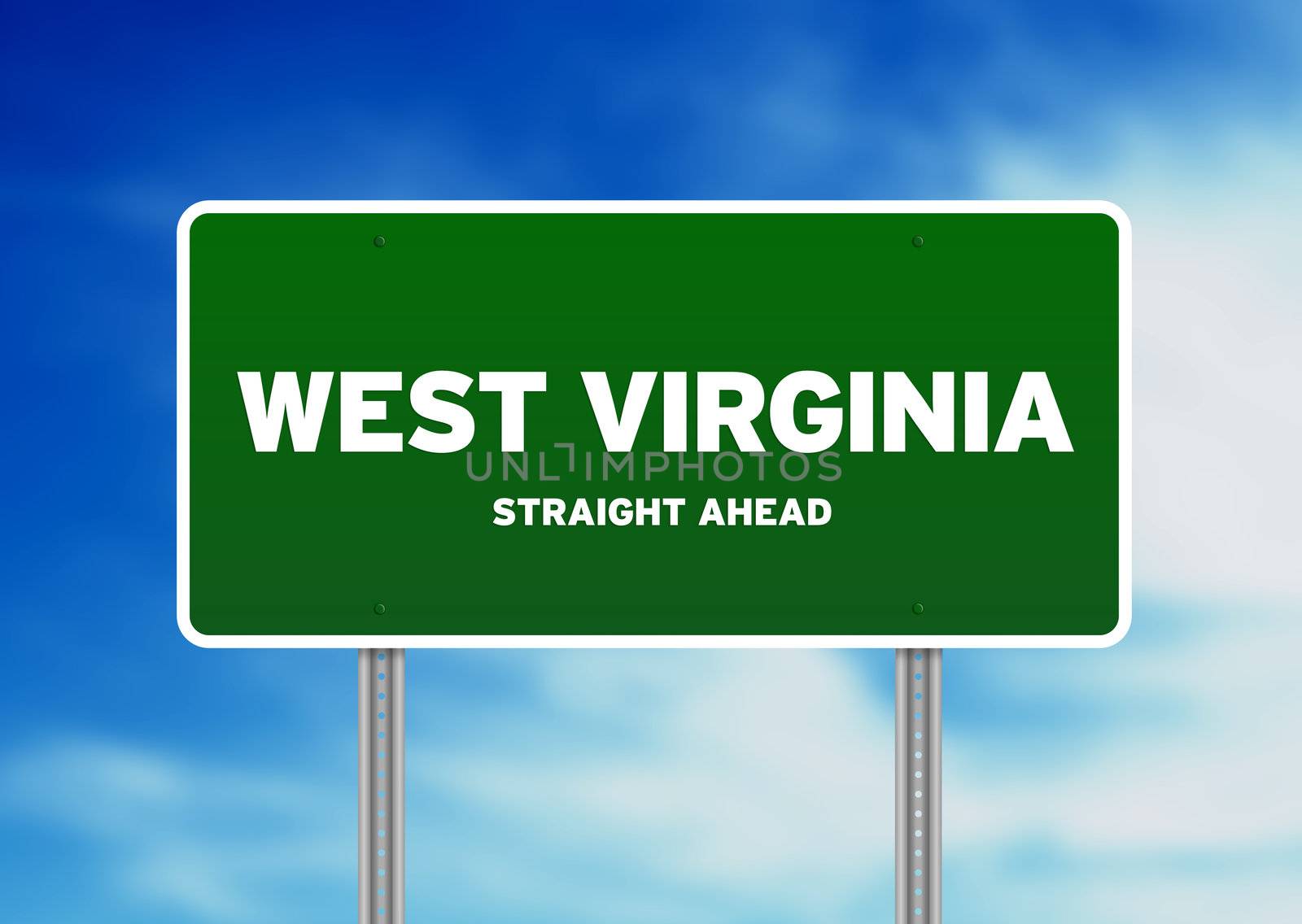 Green West Virginia, USA highway sign on Cloud Background. 