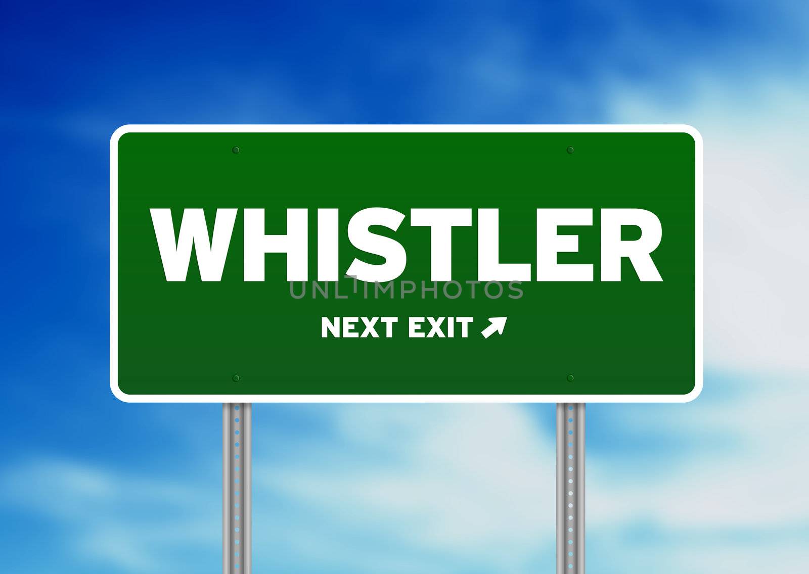 Green Whistler highway sign on Cloud Background. 