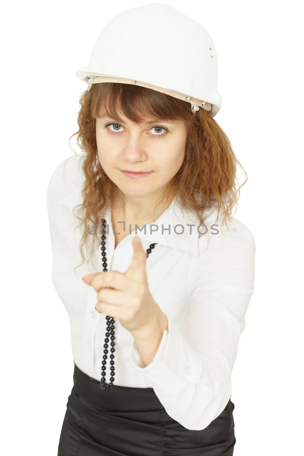 The young beautiful woman the engineer in a helmet isolated on a white background
