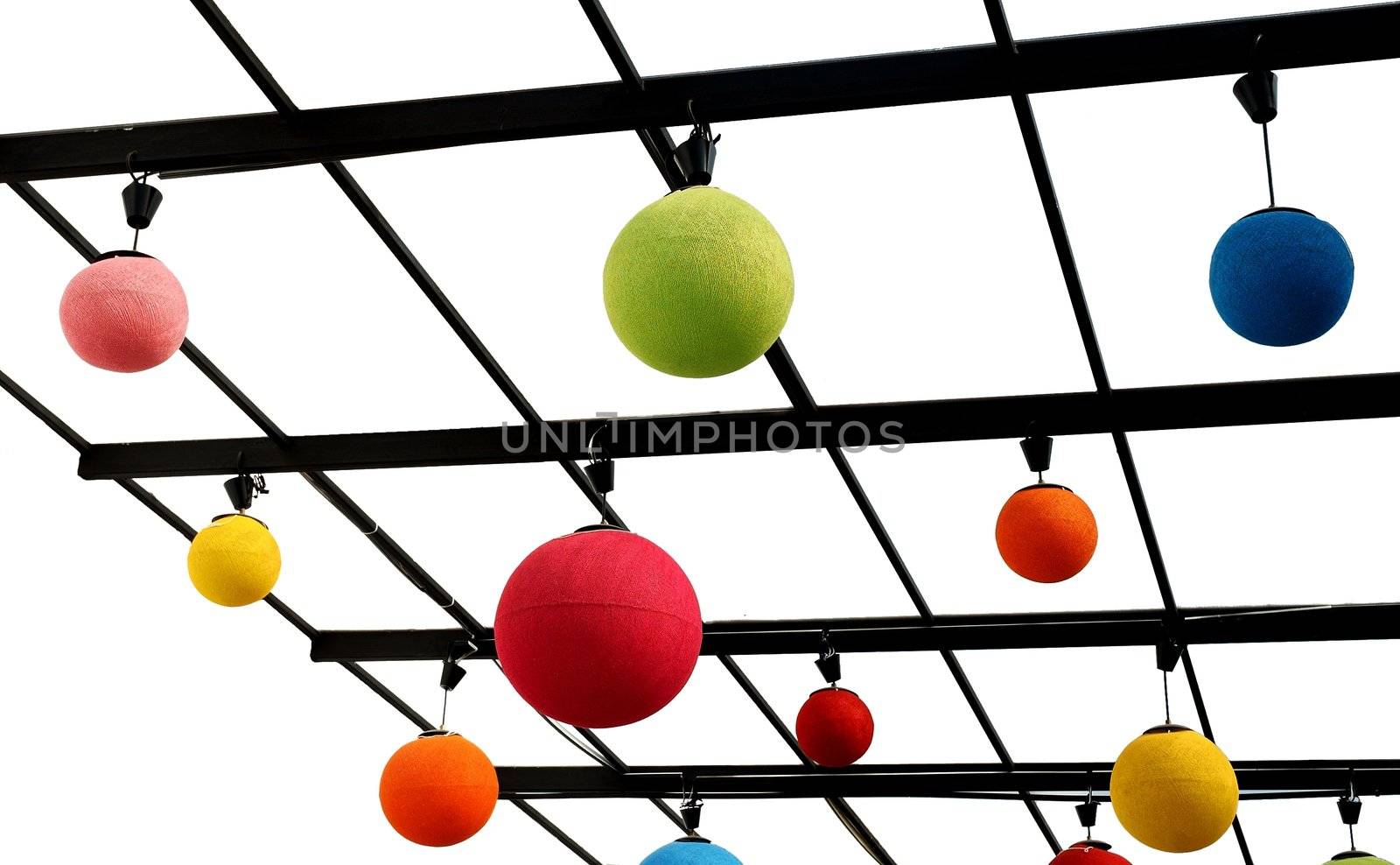 Colorful sphere lamps. Red, Green, Blue, Yellow. Isolated on white.