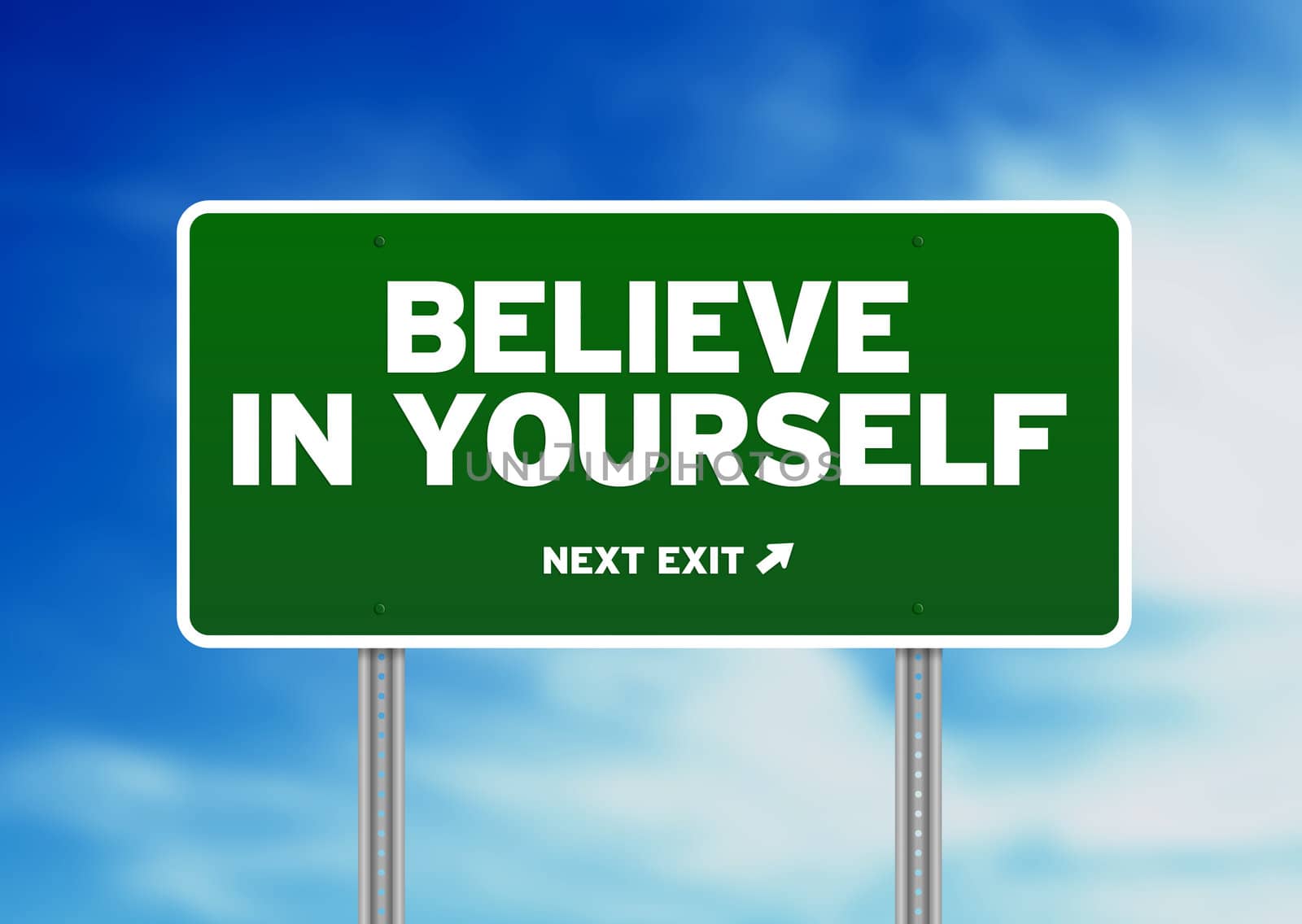 Green Believe in yourself highway sign on Cloud Background. 