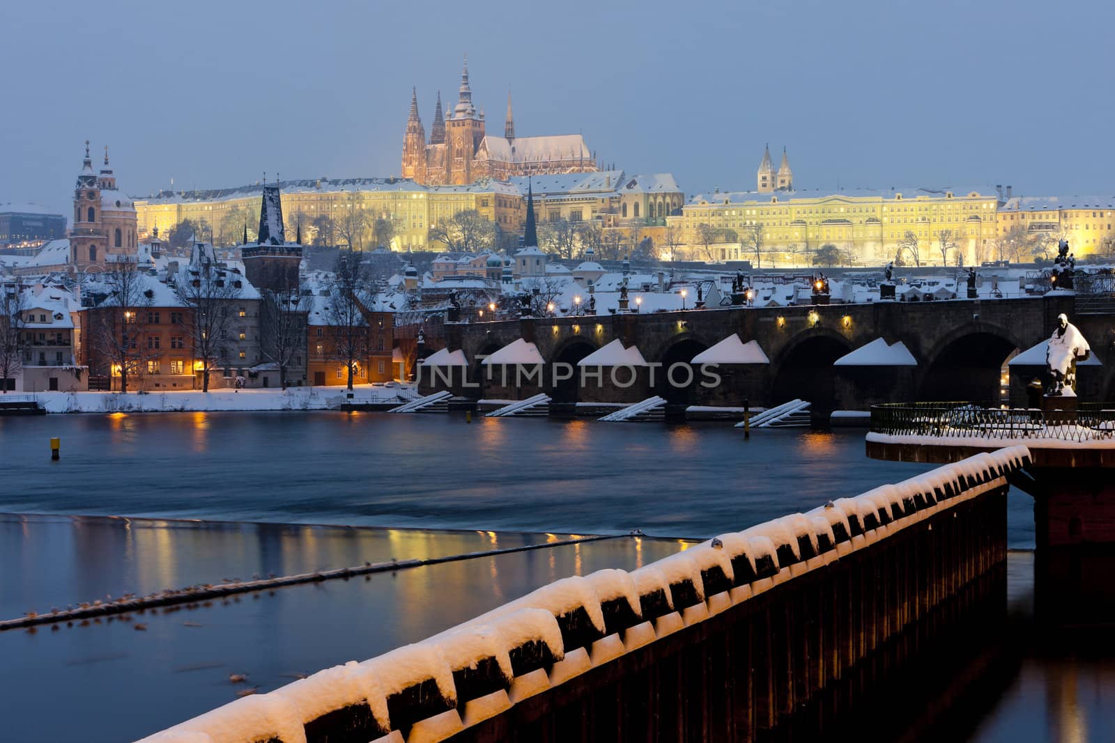 Hradcany with Charles bridge in winter, Prague, Czech Republic