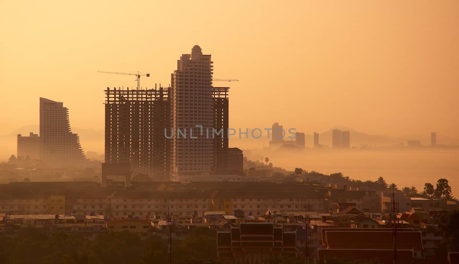 Skyscraper in vibrant colors. Building on the sunset.