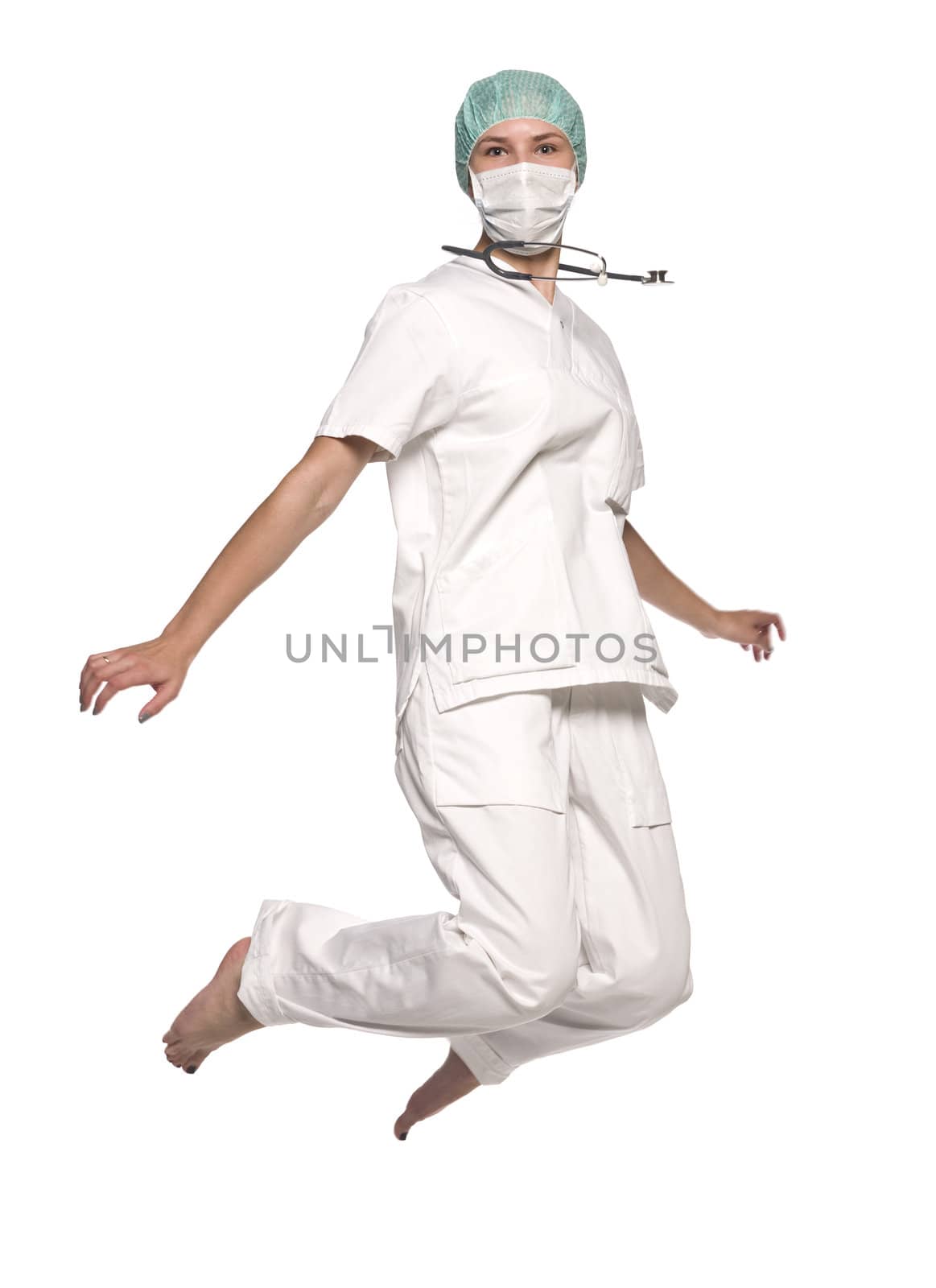 Jumping nurse with a stethoscope by gemenacom