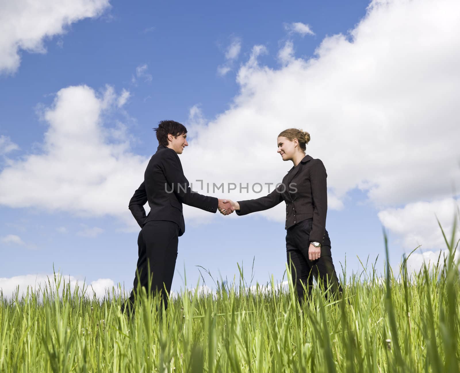 Two women standing in the grass shaking hands