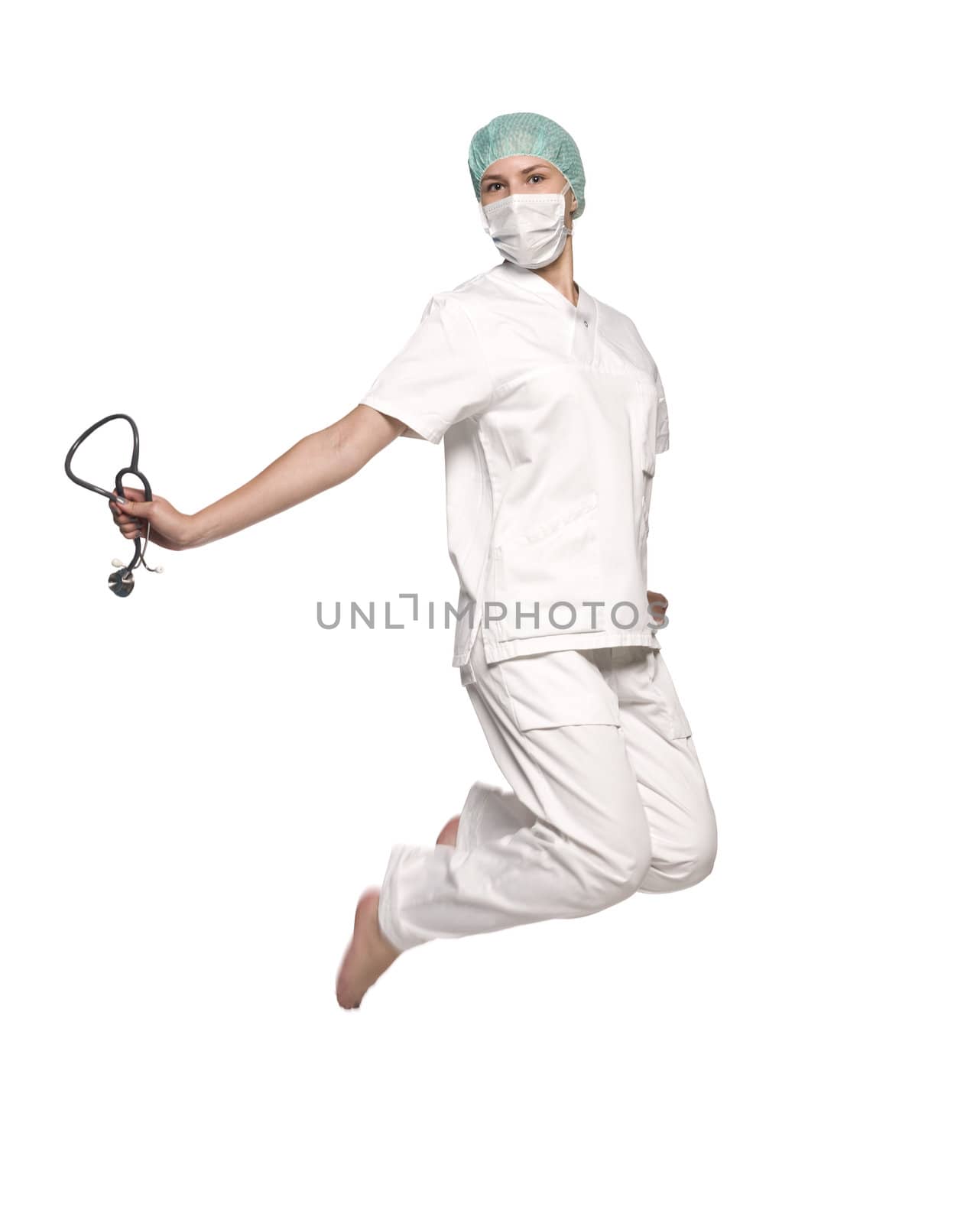 Jumping nurse with a stethoscope