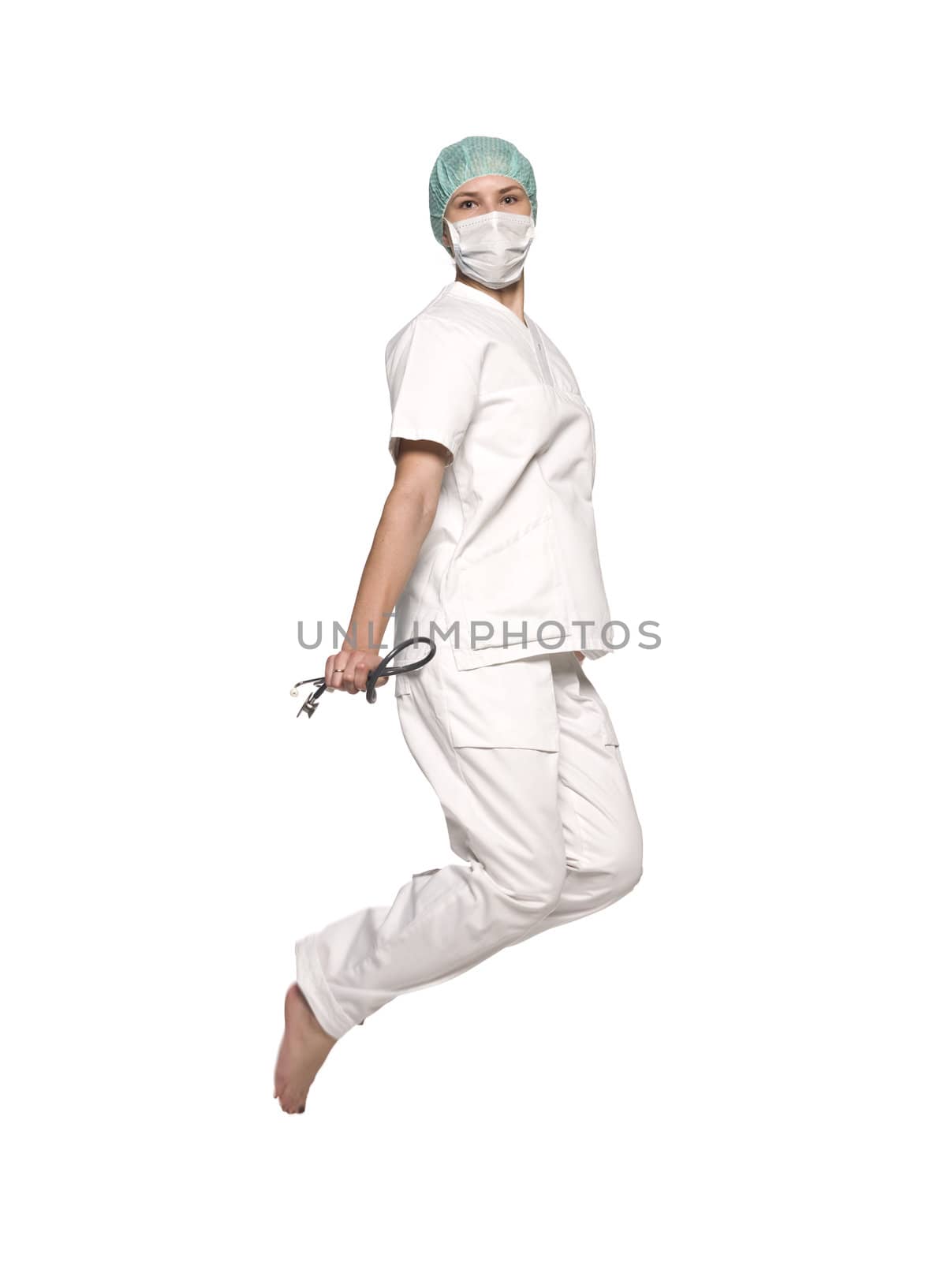Jumping nurse with a stethoscope