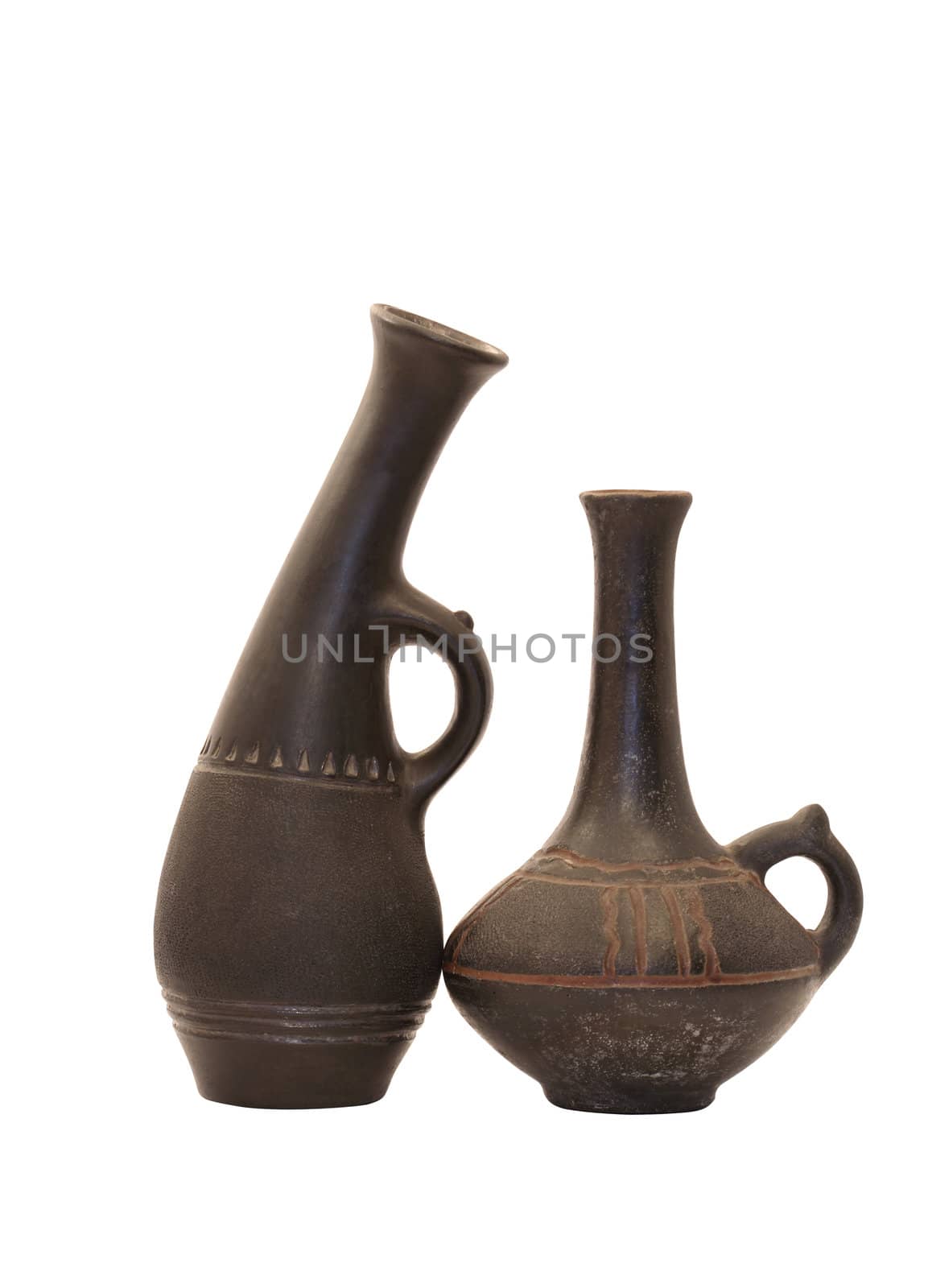 Two nice ancient ceramic vases isolated on white with clipping path