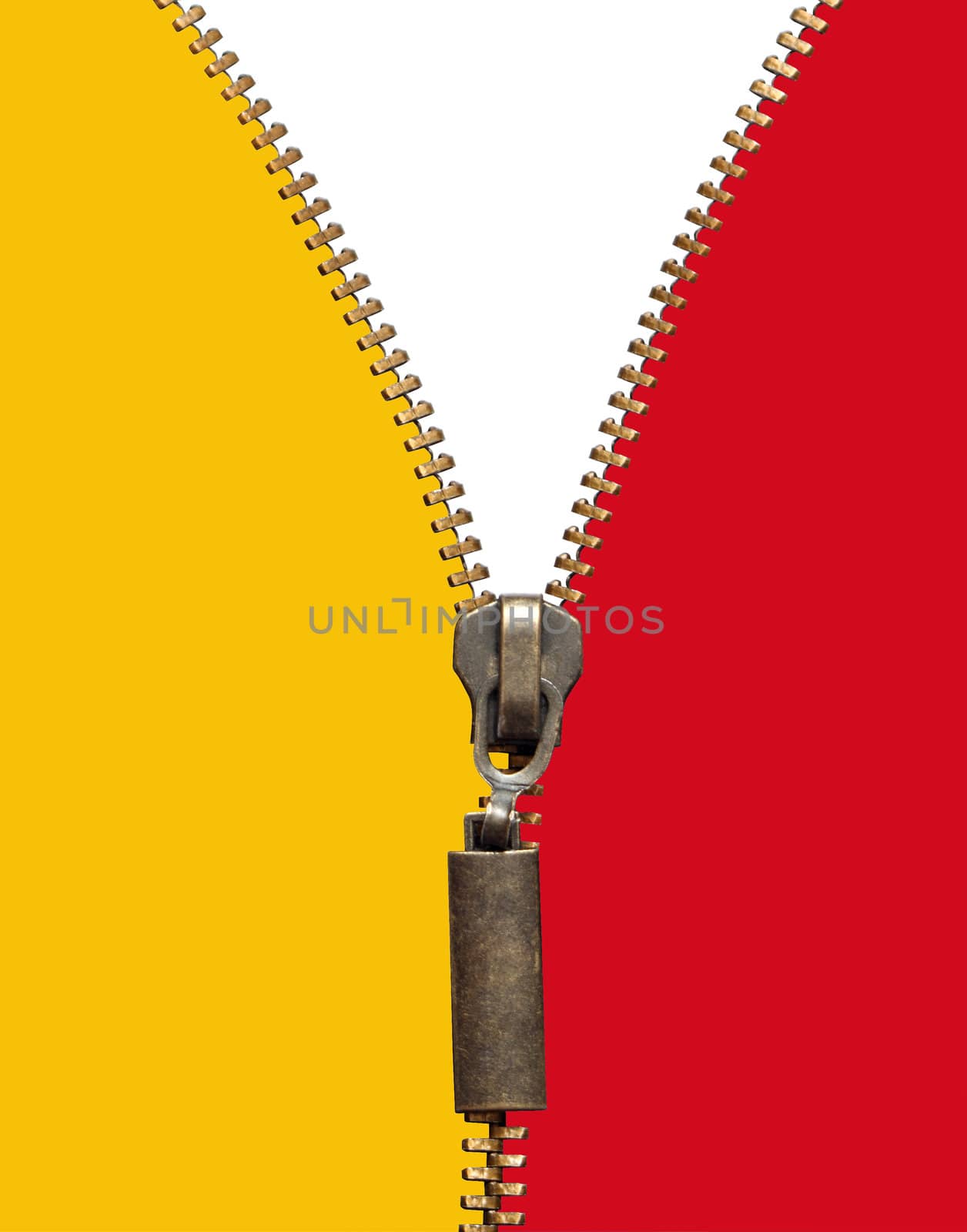 Brass zipper on colored background. Isolated with clipping path and blank copy space