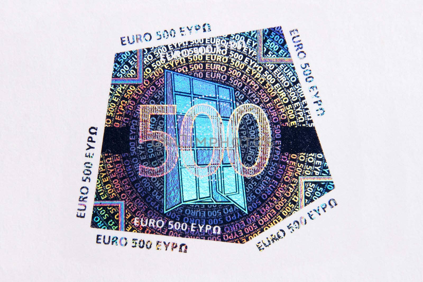 Closeup photo of a hologram of  five hundred euro note. Macro photo.