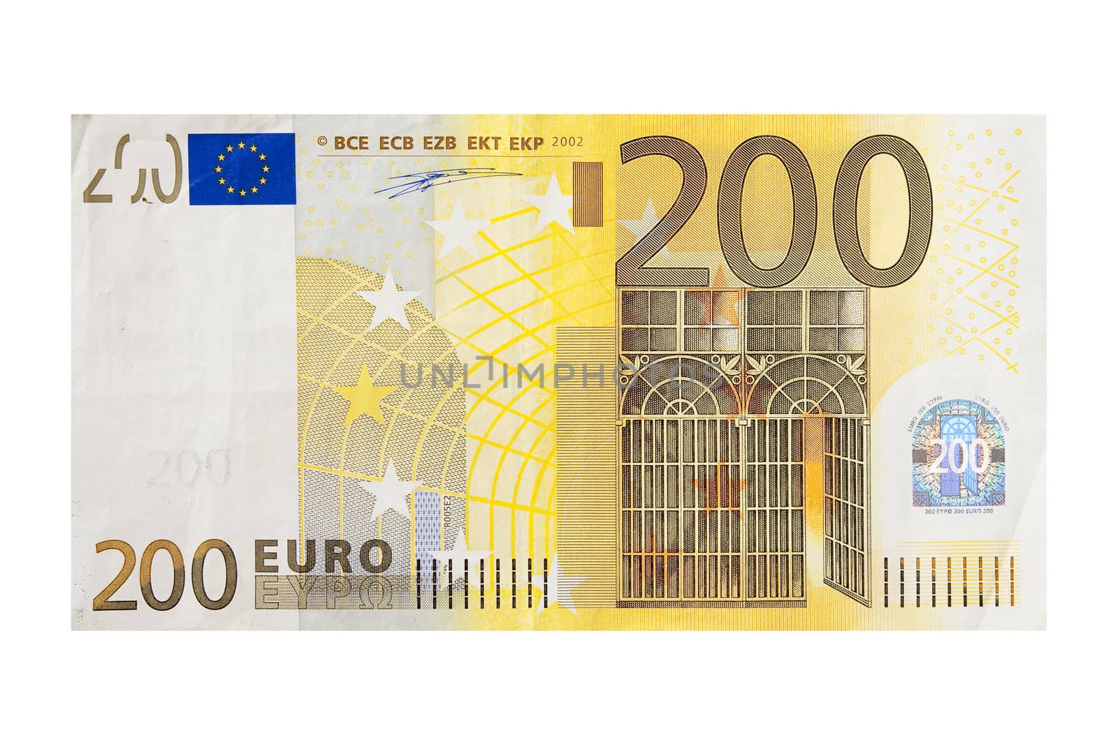 Close-up photograph of two hundred euro note.