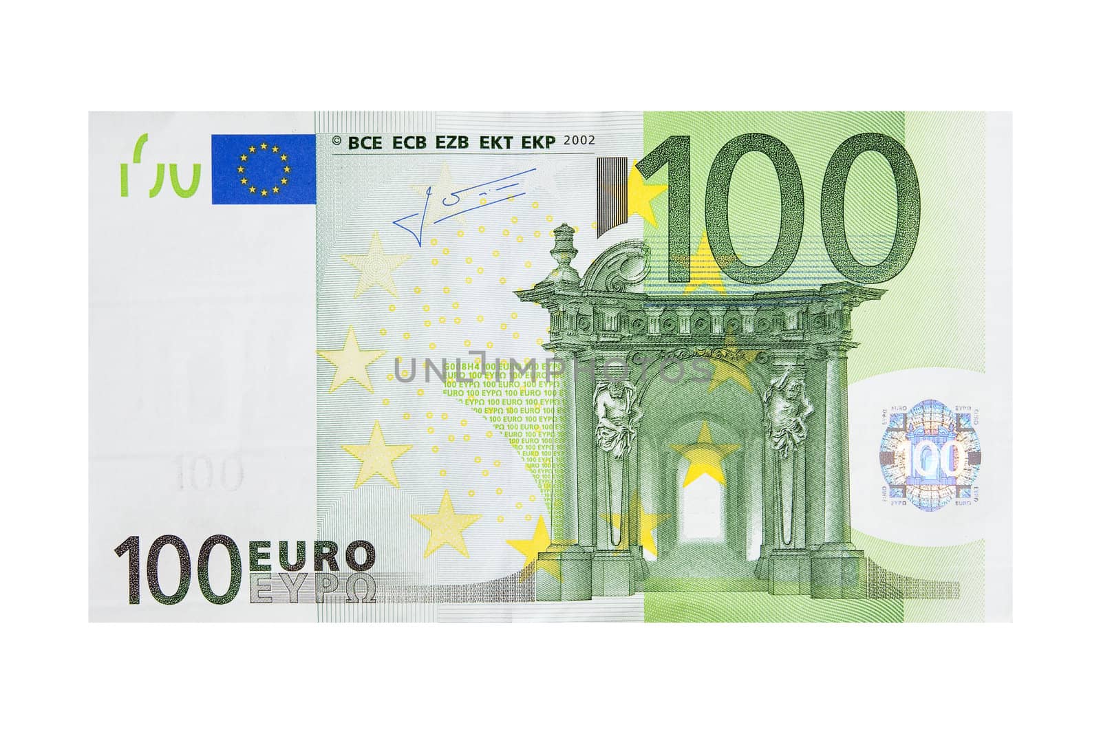 Close-up photograph of one hundred euro note.