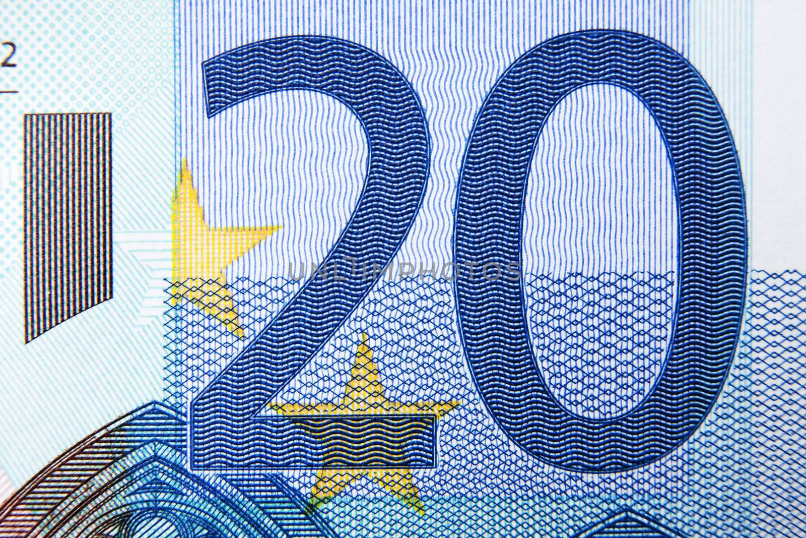 Closeup photo of a part of twenty euro note. Macro photo.