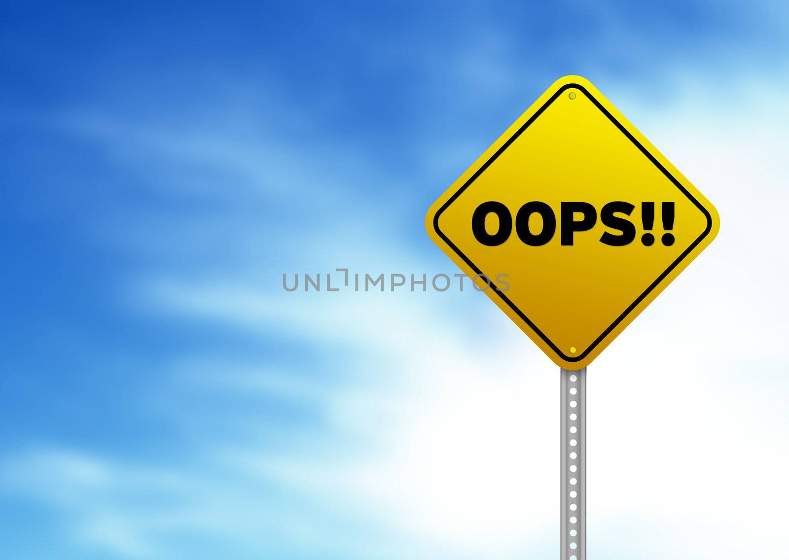 Yellow oops!! Road Sign on Cloud Background. 