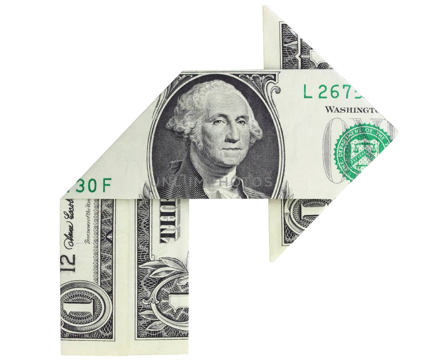 Dollar bill folded in the shape of a right turn arrow, isolated on a white background.