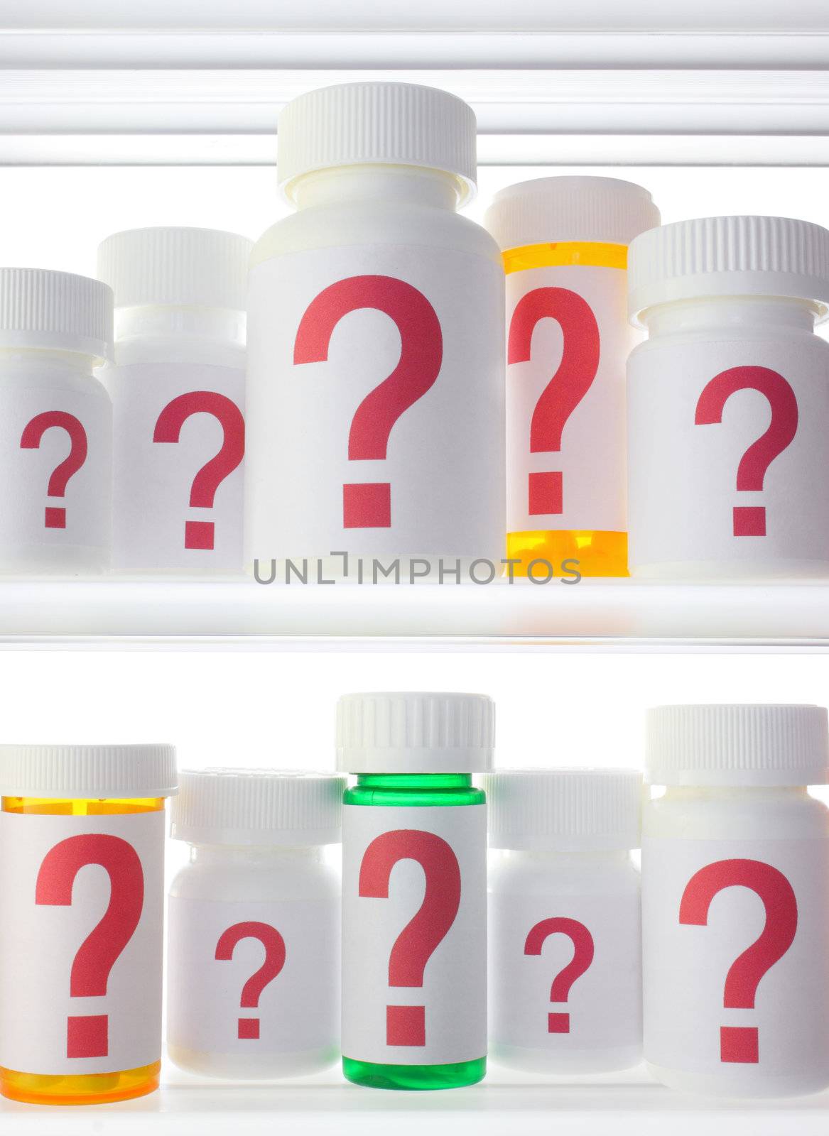 Close crop of medicine cabinet shelves filled with pill bottles, each labeled with a red question mark.  Lighting is neutral with strong backlighting.