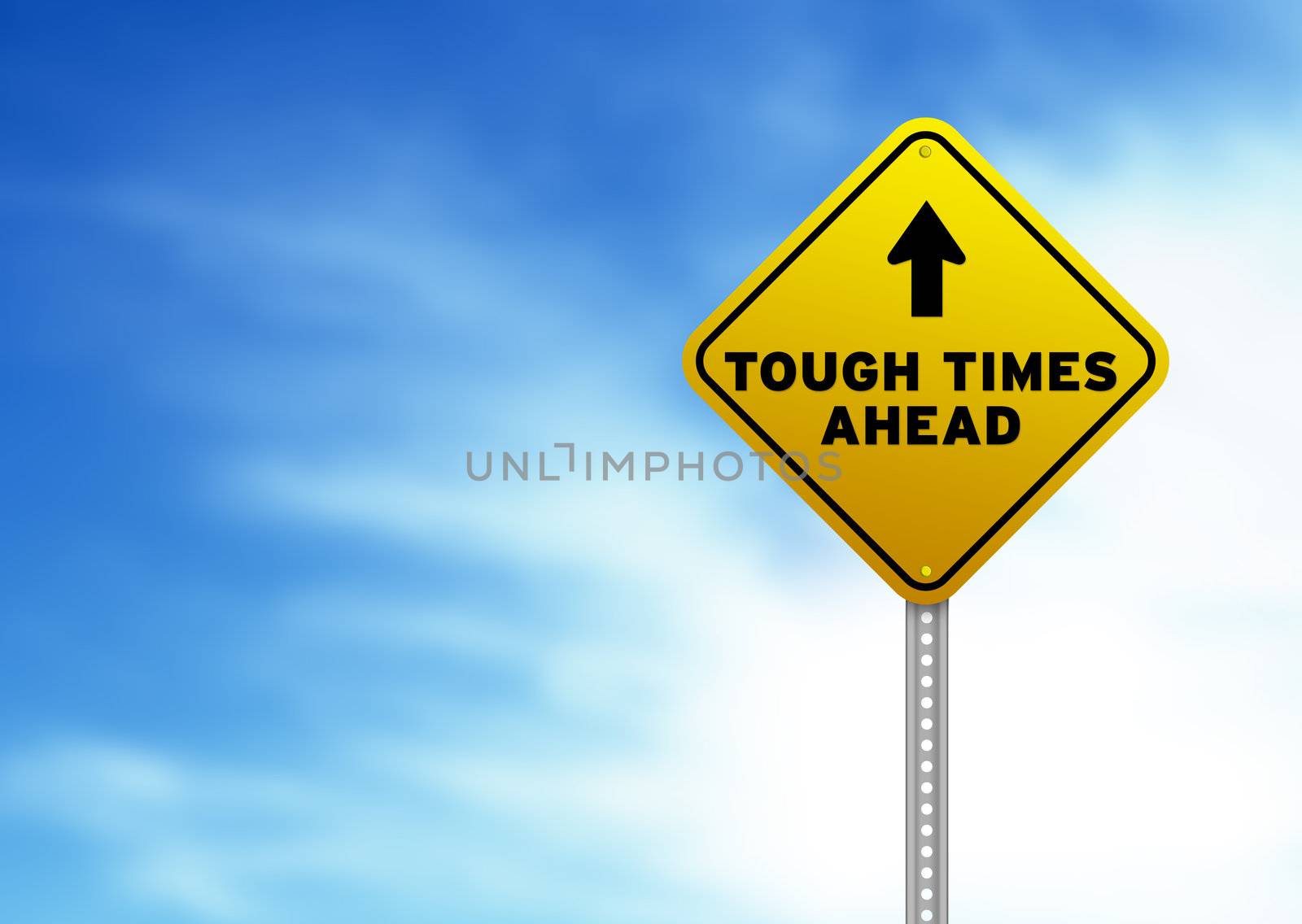 Yellow Tough Times Ahead Road Sign on Cloud Background. 