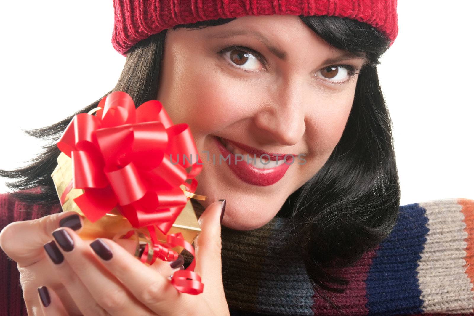 Happy, Attractive Woman Holds Holiday Gift Isolated on a White Background.