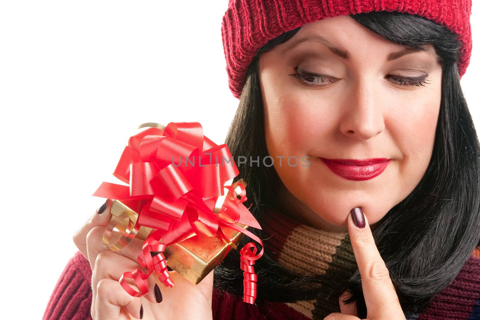 Happy, Attractive Woman Holds Holiday Gift Isolated on a White Background.