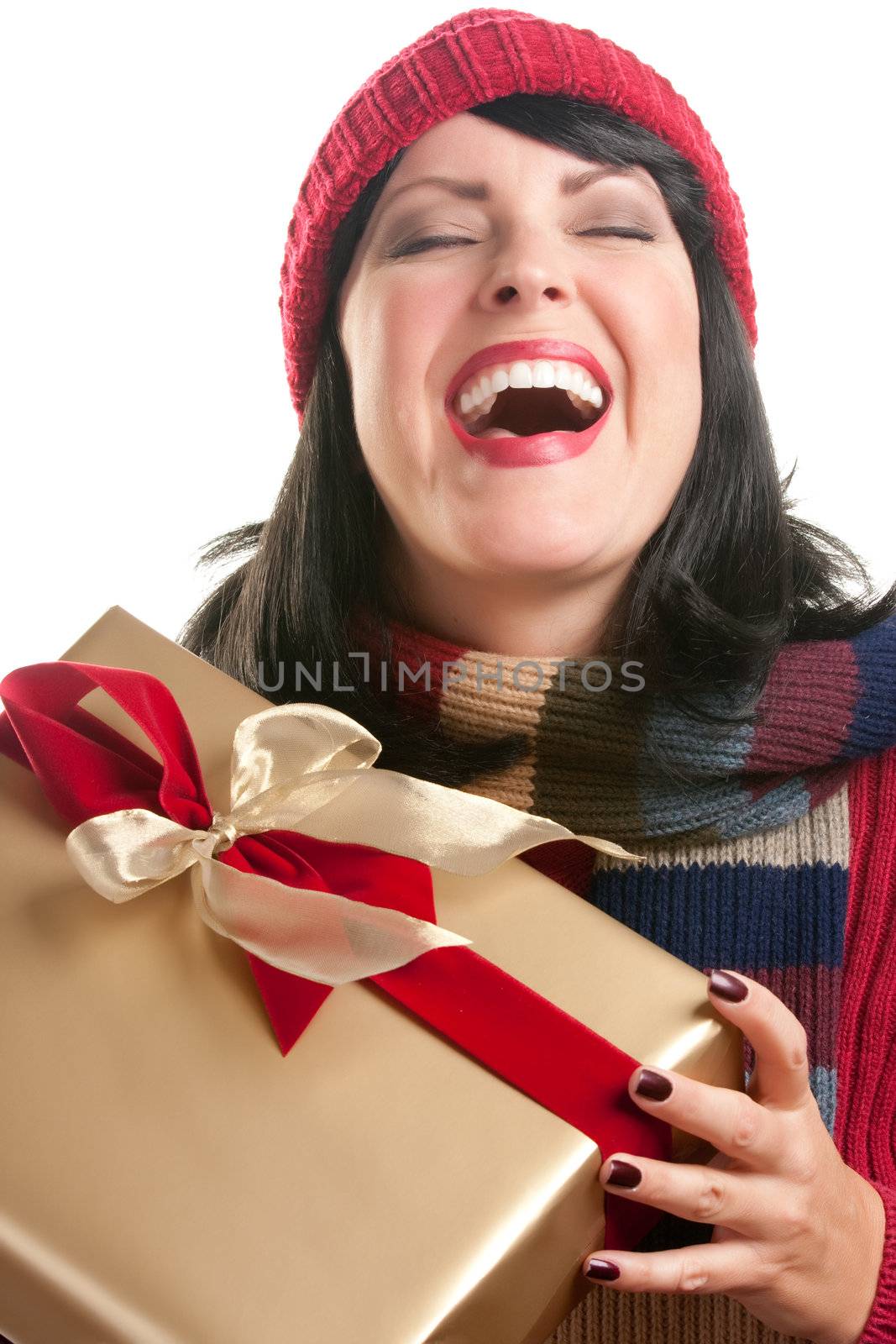 Happy, Attractive Woman Holds Holiday Gift Isolated on a White Background.