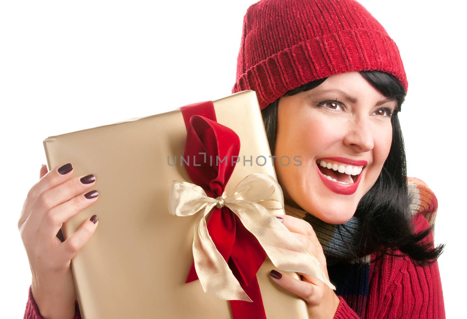 Happy, Attractive Woman Holds Holiday Gift Isolated on a White Background.