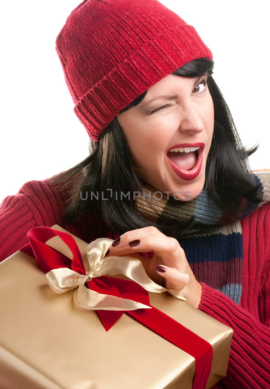 Happy, Attractive Woman Holds Holiday Gift Isolated on a White Background.