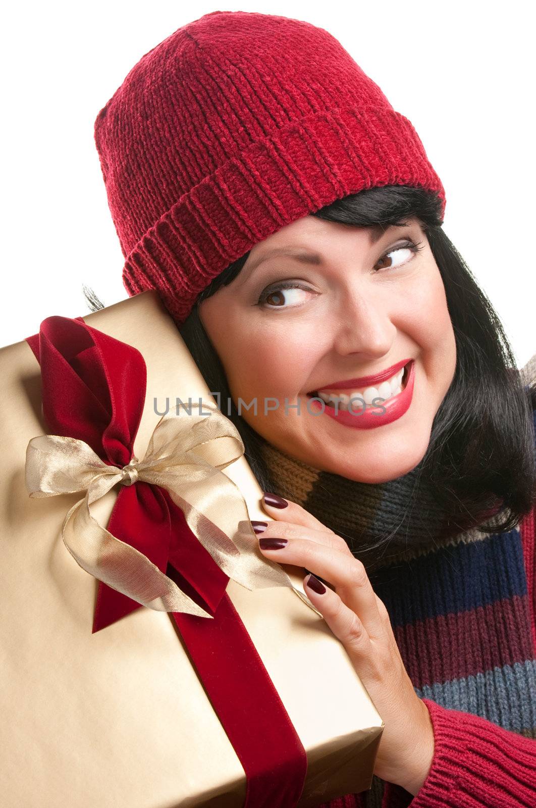 Happy, Attractive Woman Holds Holiday Gift Isolated on a White Background.