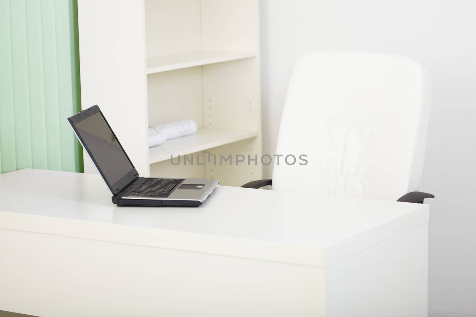 Office modern light workplace with armchair and the laptop