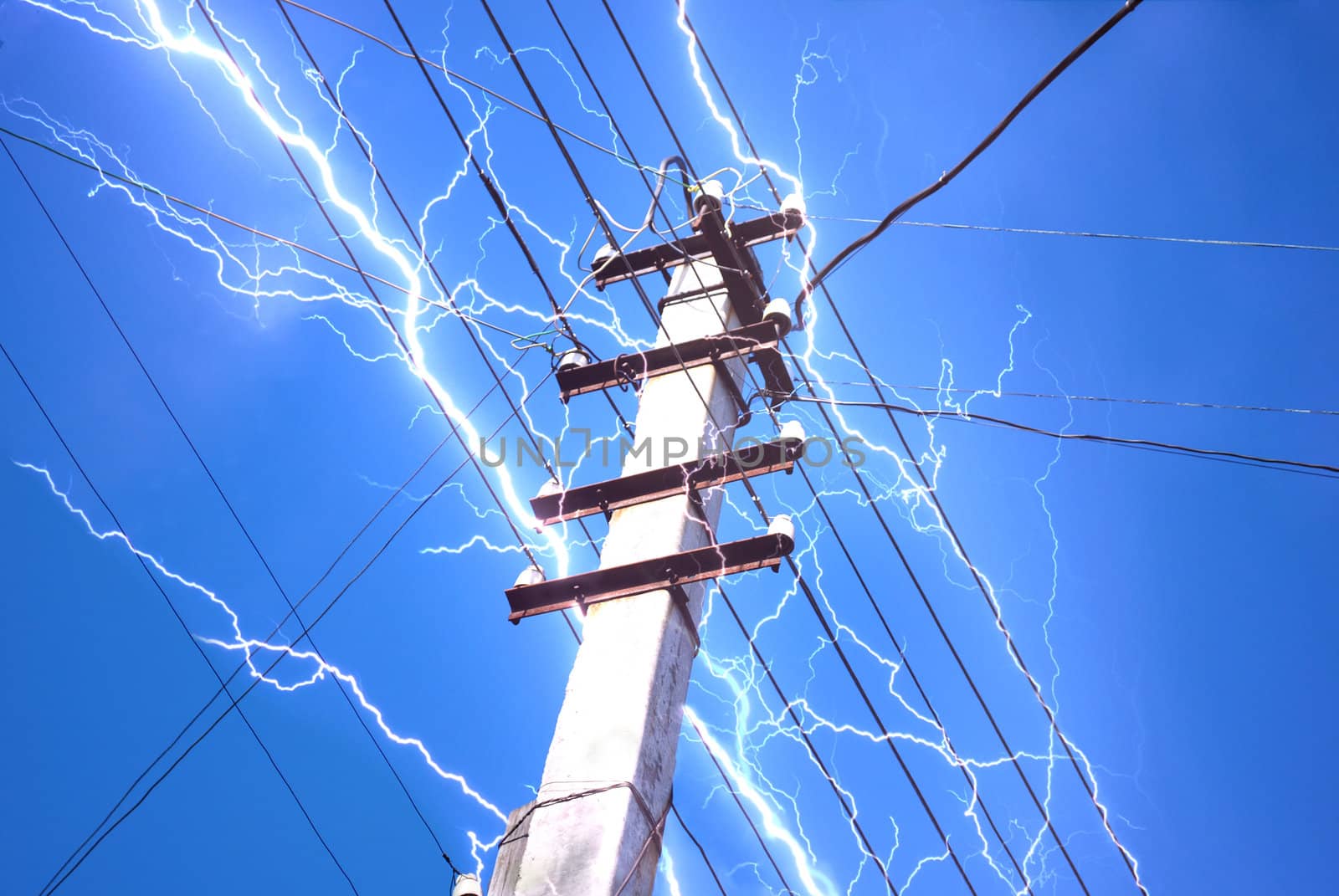 Electricity Flash on Communication Post Wires on Sky Background