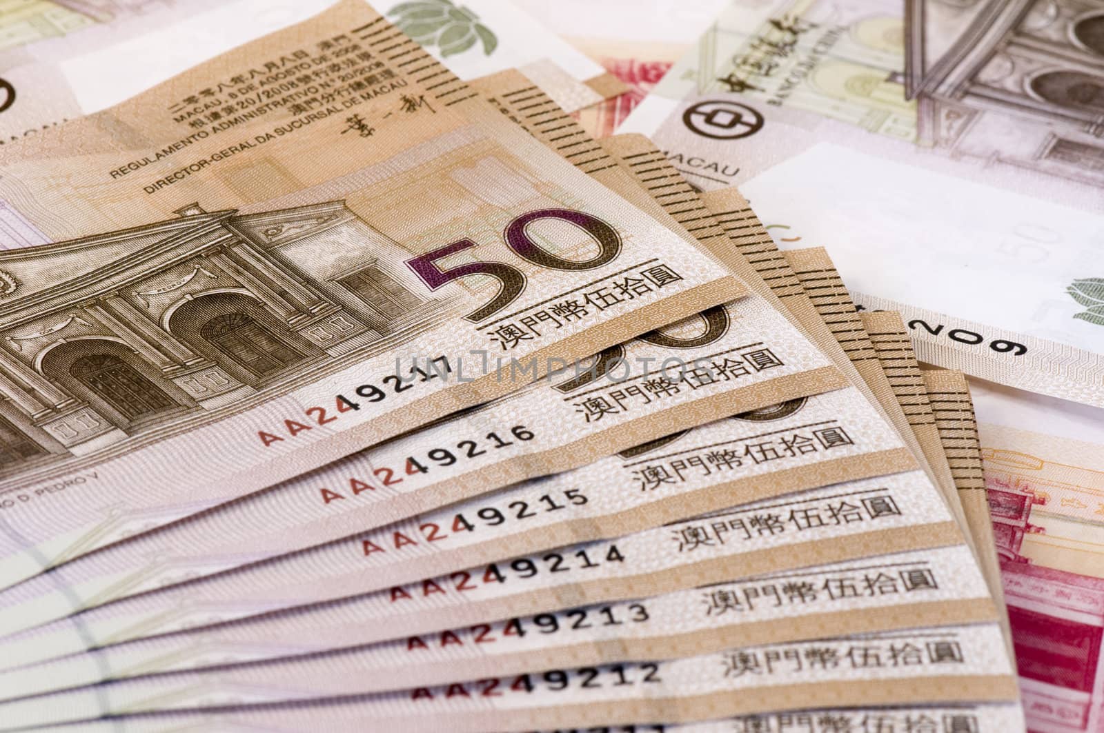 The stack of Macau money (bills and notes)
