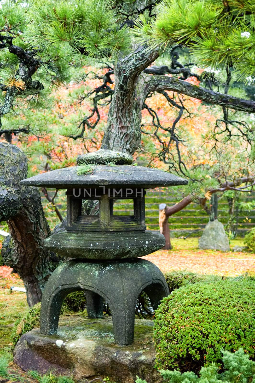 Granite lantern in the middle of wild garden