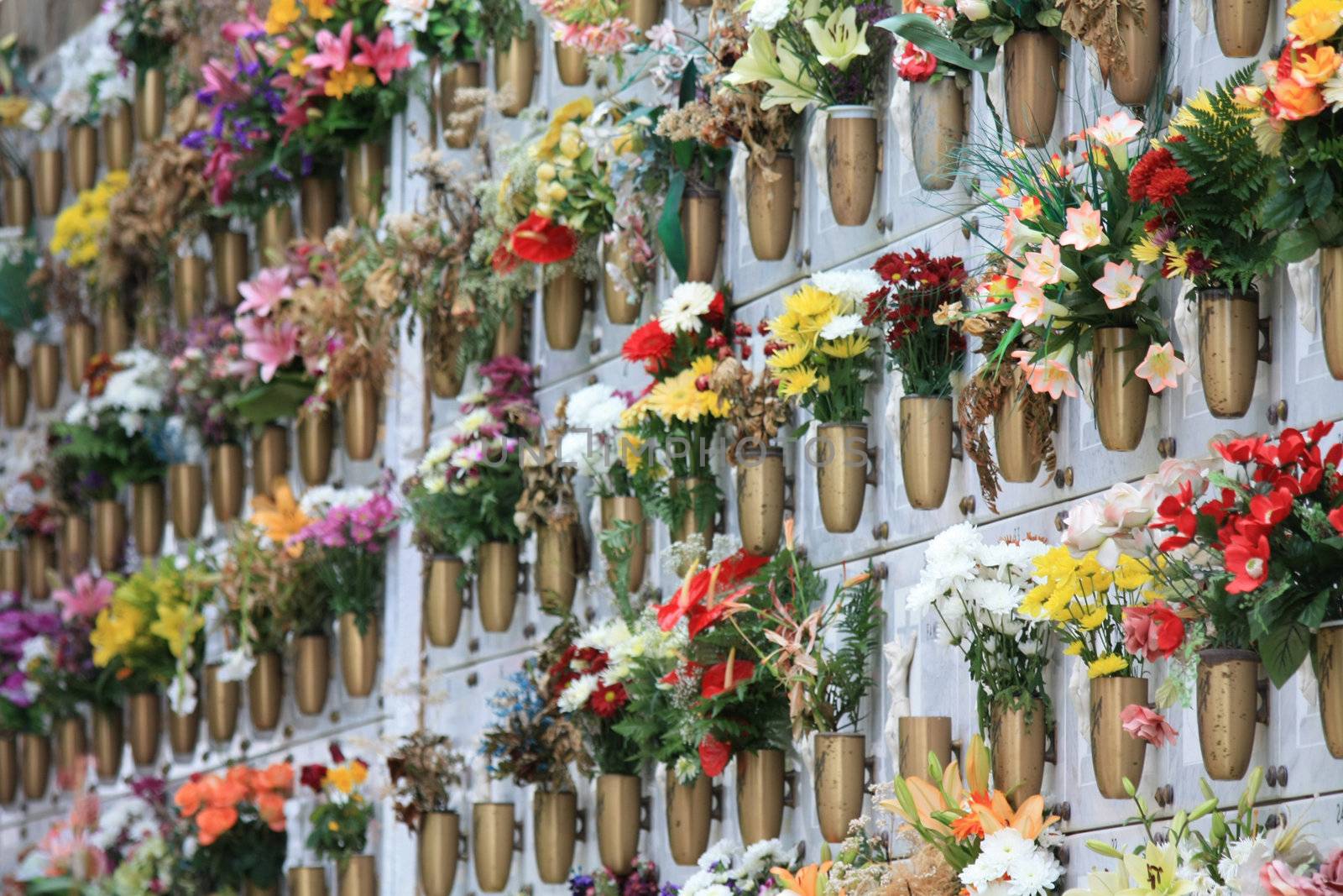 Flowers and stones on a typical Spanish cemetery in Tenerife